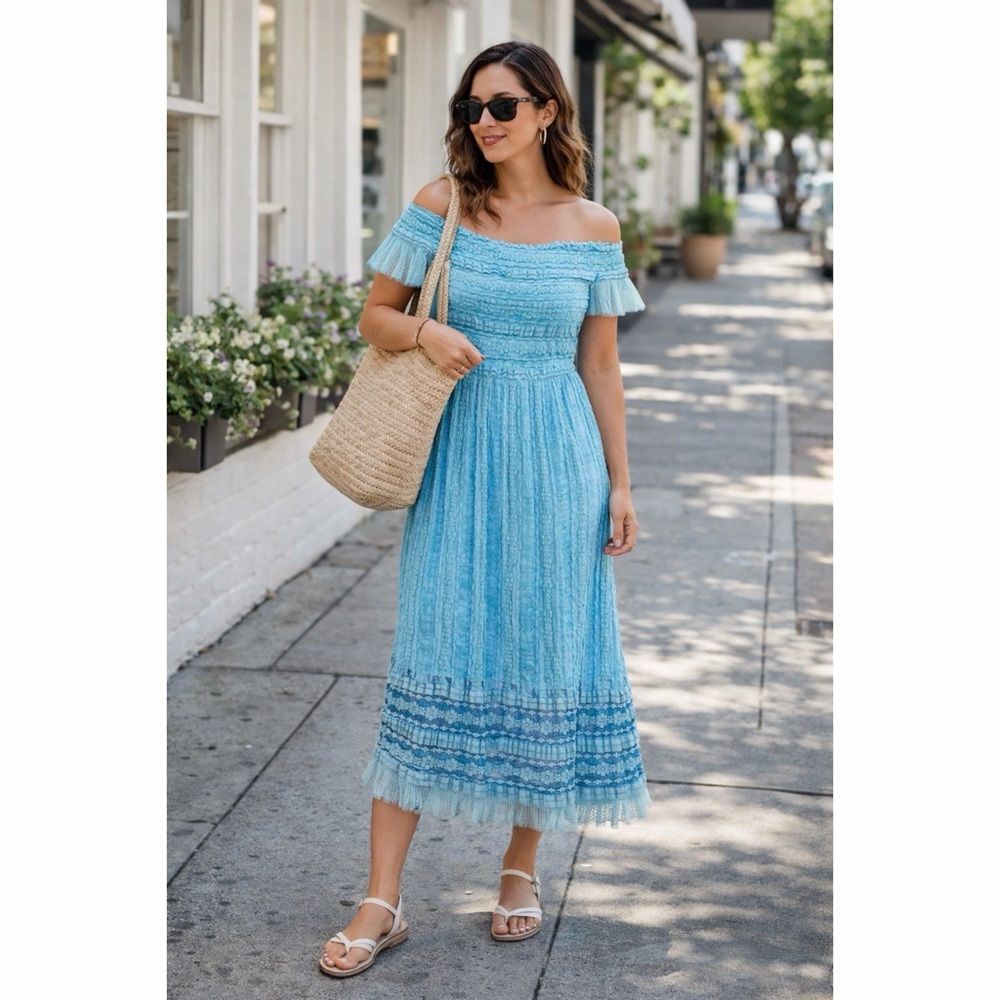 Sho Off-The-Shoulder Lace-Textured Gauze Dress Blue Size Medium